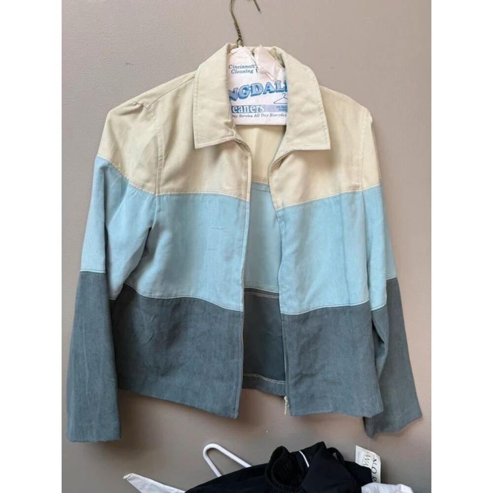 Three-Tone Suede Zip Jacket - Cream, Light Blue & Gray Norton